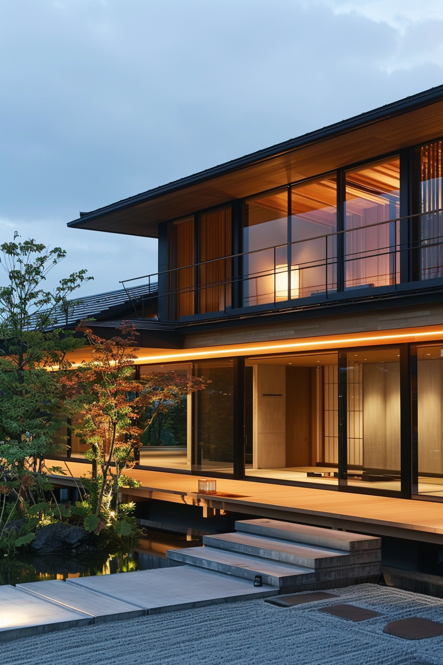 Modern house at dusk with illuminated interiors, large windows, wooden details, and a tranquil zen garden with a pond.