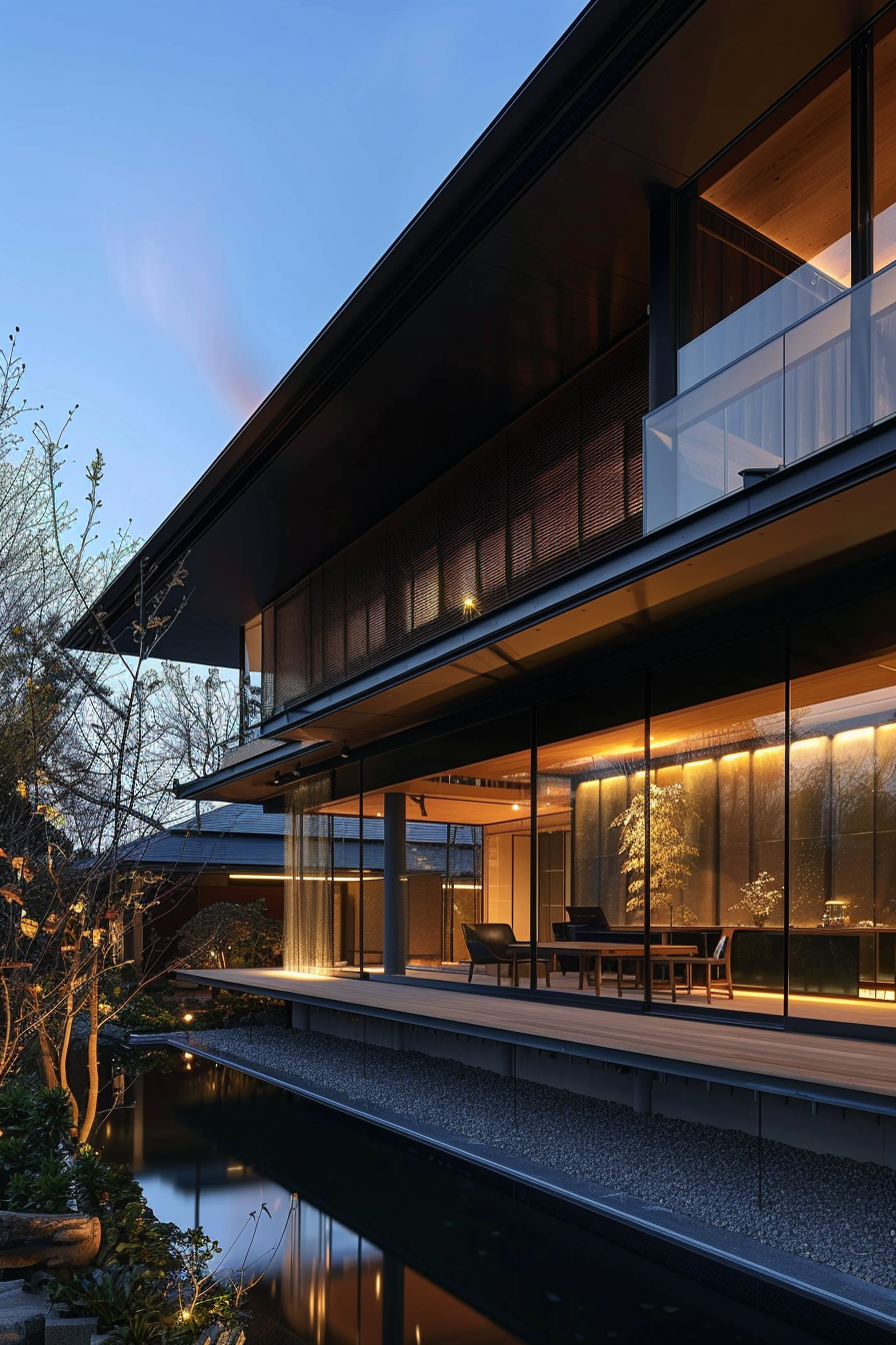 Modern house exterior at dusk with warm interior lighting, large windows, and a reflective water feature.