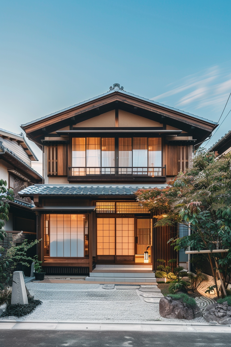Traditional Japanese house with illuminated shoji screens and a well-kept front garden at dusk.