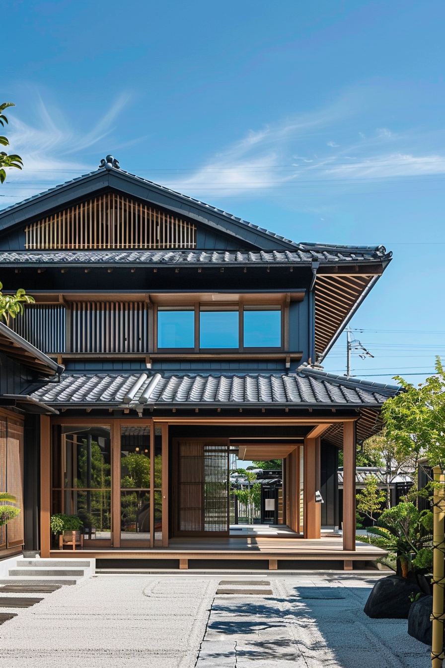 ALT: Traditional Japanese style house with a blue sky above, featuring wooden exterior, sliding doors, and a neatly raked gravel garden.