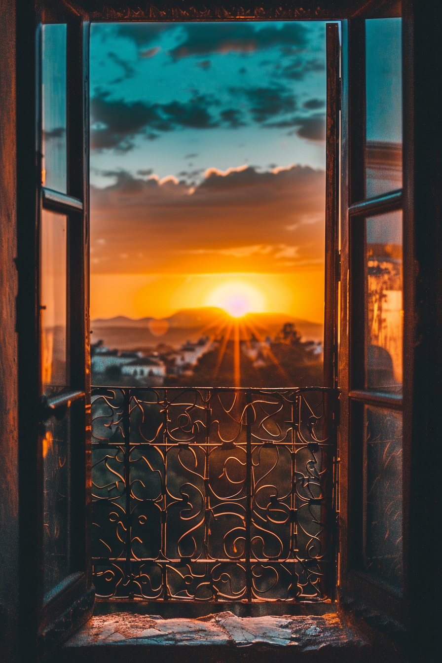ALT: View of a sunset through an open window with intricate ironwork, casting warm light over distant hills and a cloudy sky.