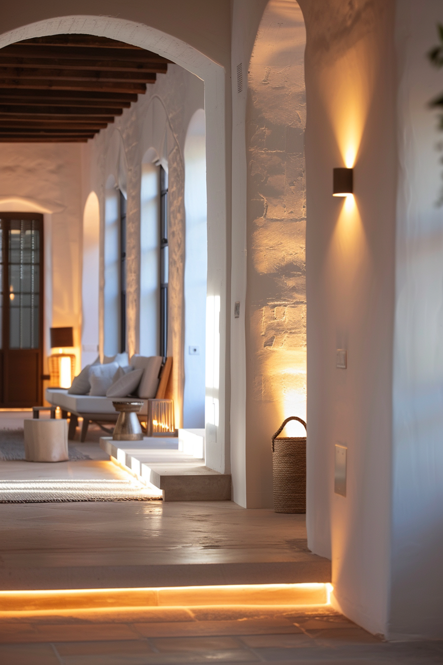 Warmly lit interior hallway with arches, wall sconces, modern furniture, and textured walls.