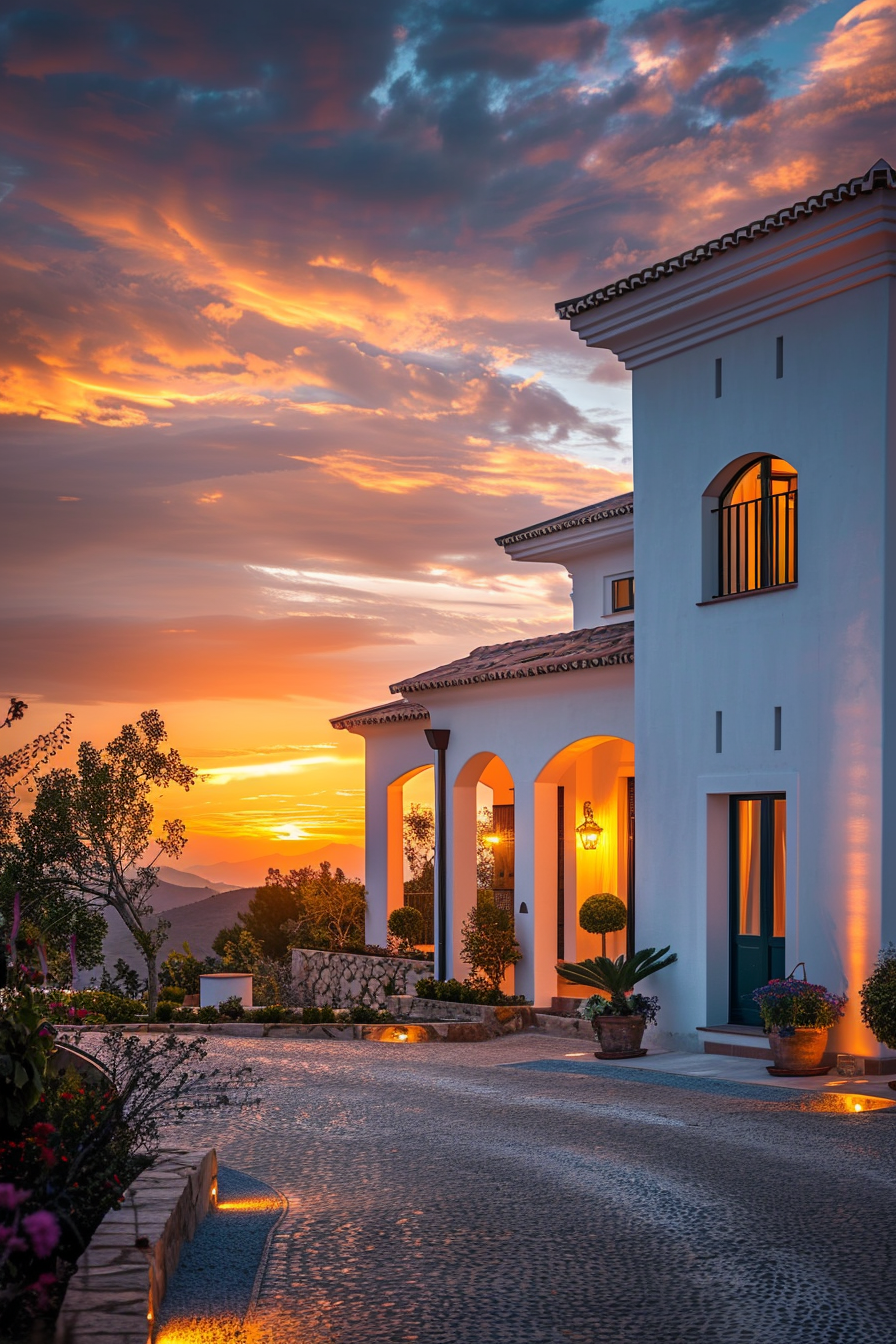 ALT: A white Mediterranean-style villa with arches and lit windows against a vibrant sunset sky with orange and red clouds.