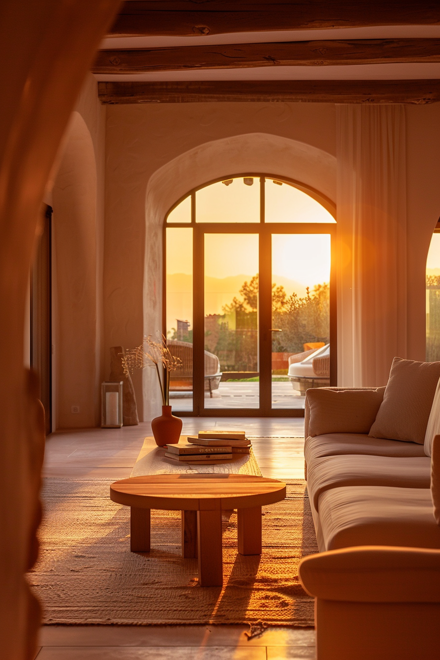 Sunset view through an arched window in a cozy room with a sofa, coffee table, books, and warm lighting.