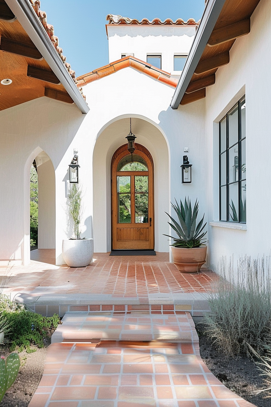 Terracotta tiled entryway of a white Mediterranean-style house with an arched wooden door flanked by potted plants and wall lanterns.