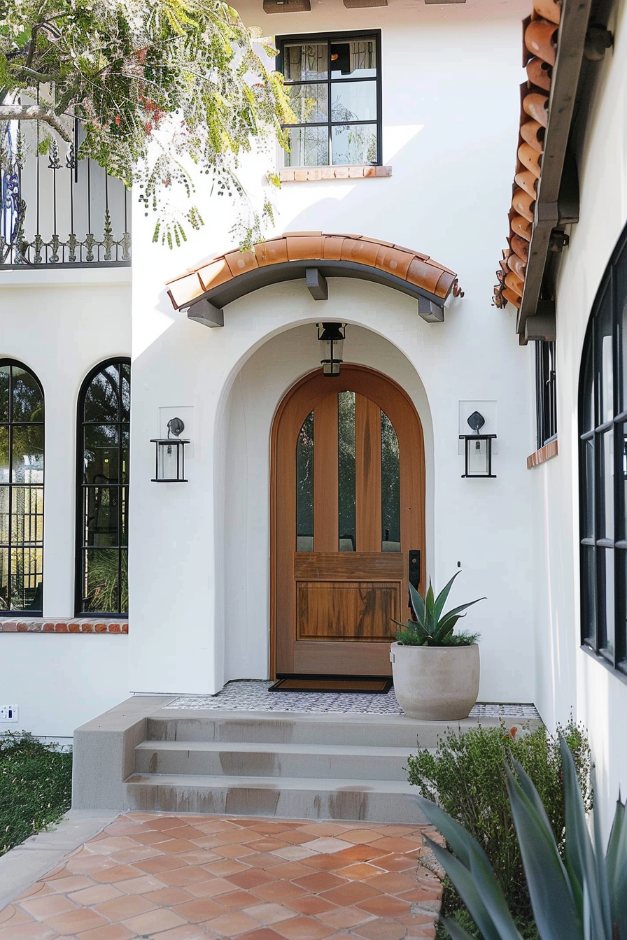 Arched wooden front door of a house with white walls, terracotta tiles, and outdoor sconces, flanked by potted plants and steps.