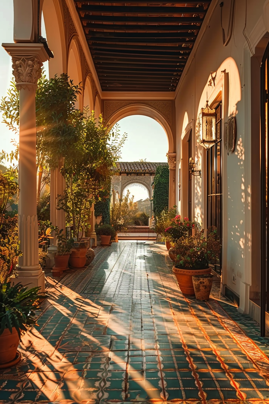 Sunlit corridor with arches, patterned tiles, potted plants, and hanging lanterns, displaying warm, Moorish architectural influences.