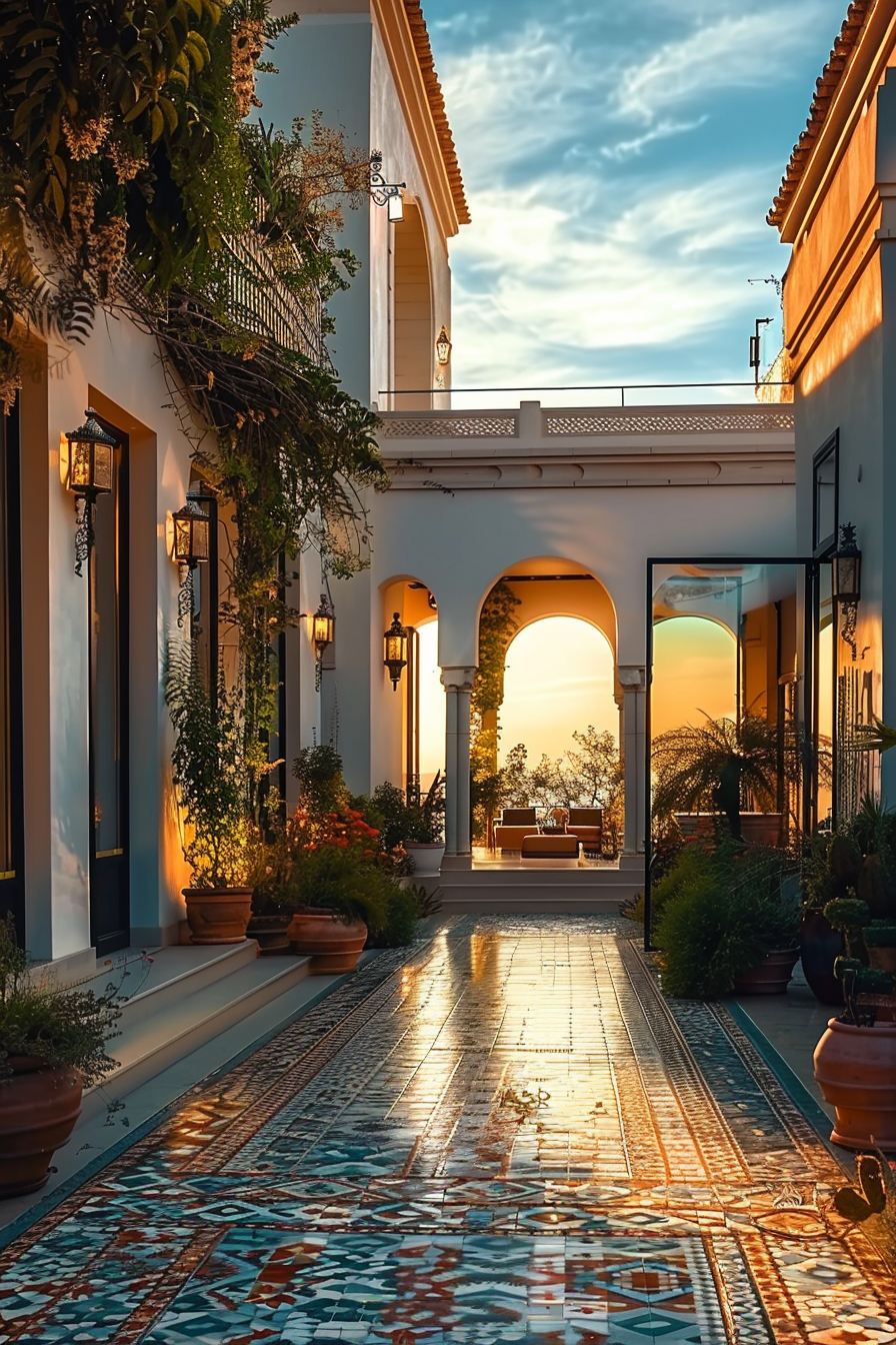 Elegant tiled passageway with arches leading to an ocean view at sunset, flanked by potted plants and lit by hanging lanterns.