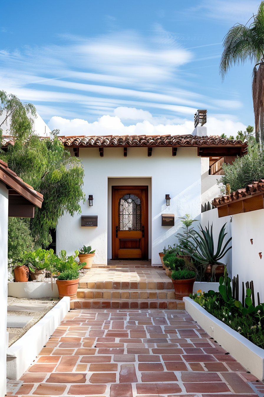 A Spanish-style home entrance with terracotta tiles, white walls, potted plants, and a wooden door under a blue sky.
