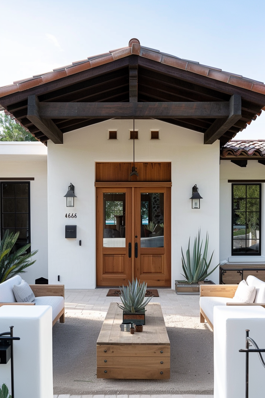 ALT: Front view of a house entryway with wooden double doors, tile roof overhang, modern outdoor furniture, and decorative plants.
