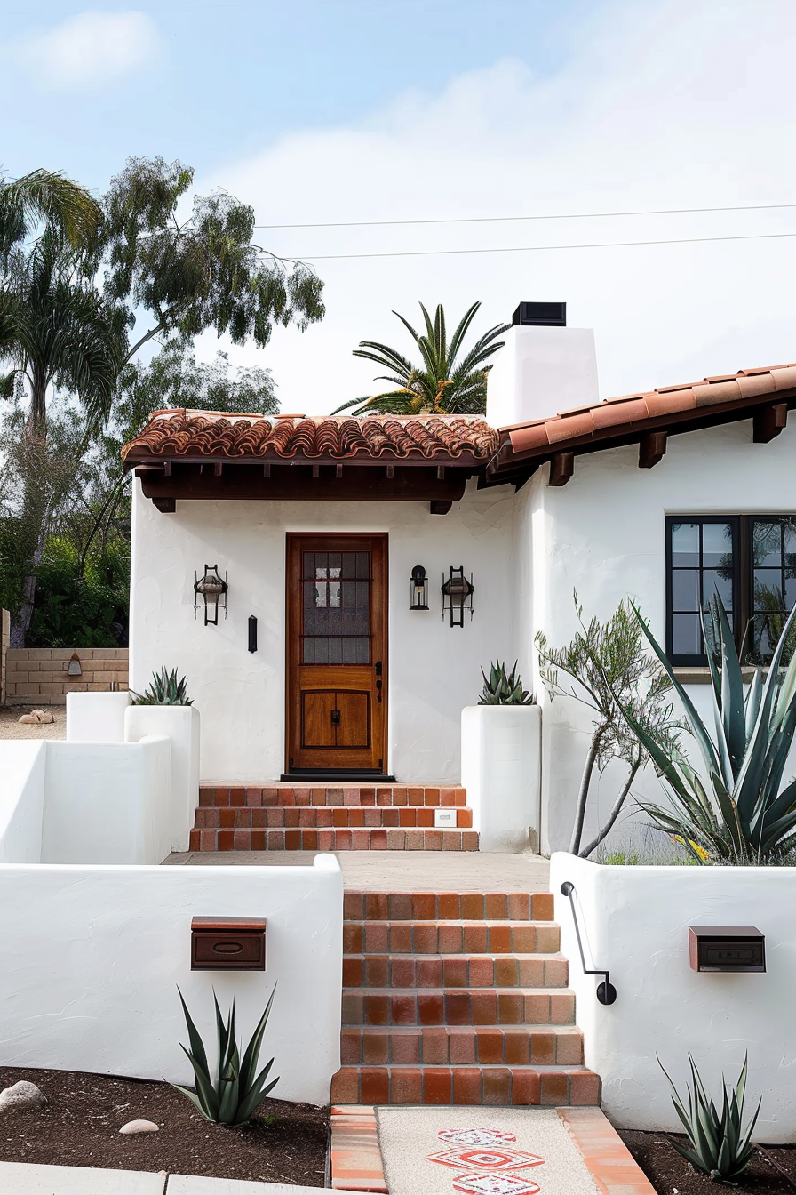 White Spanish-style home with terracotta roof tiles, brick stairs, wooden door, and desert plants.