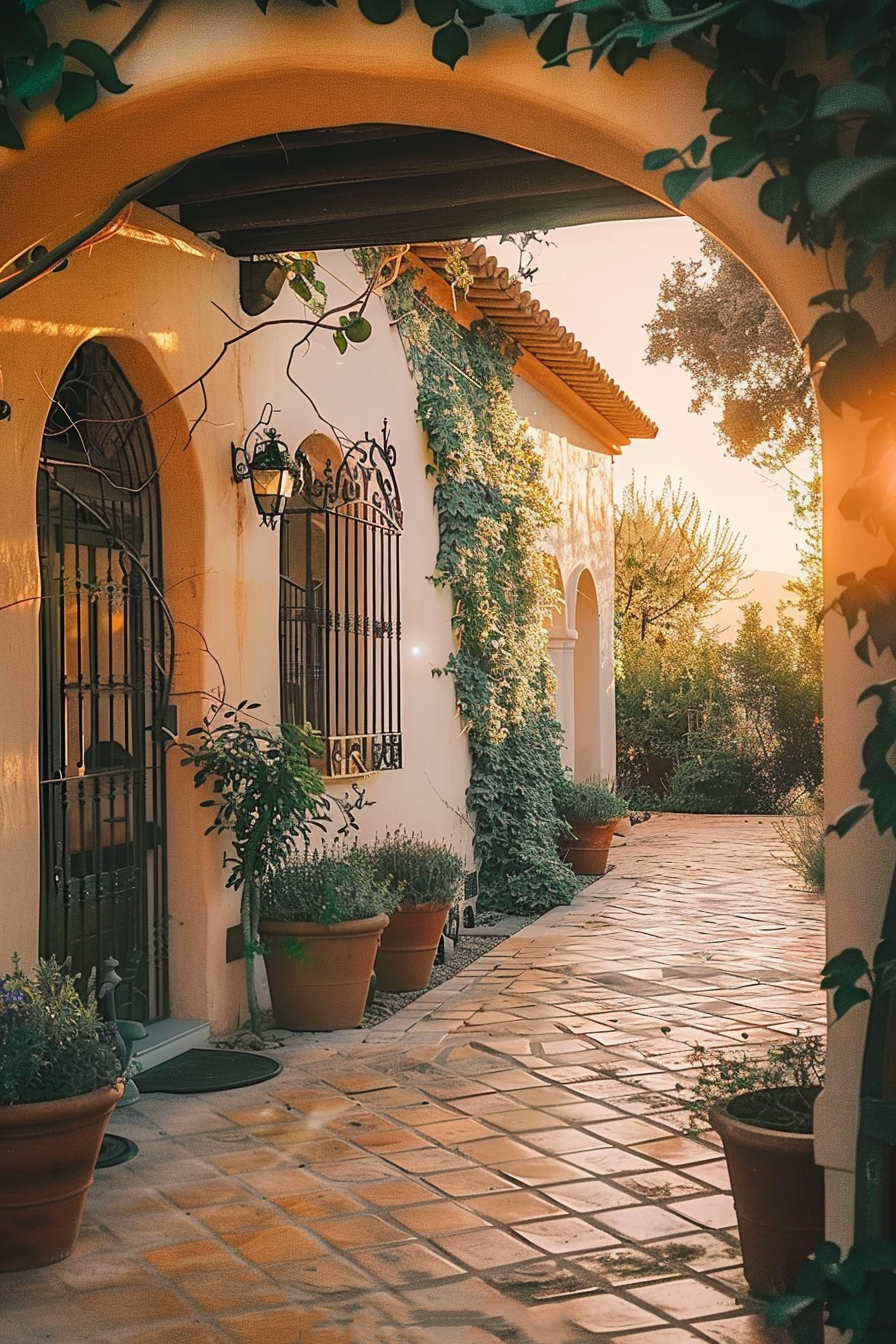 A warm, sunlit courtyard with tiled flooring, surrounded by potted plants and a building with ivy-covered walls.