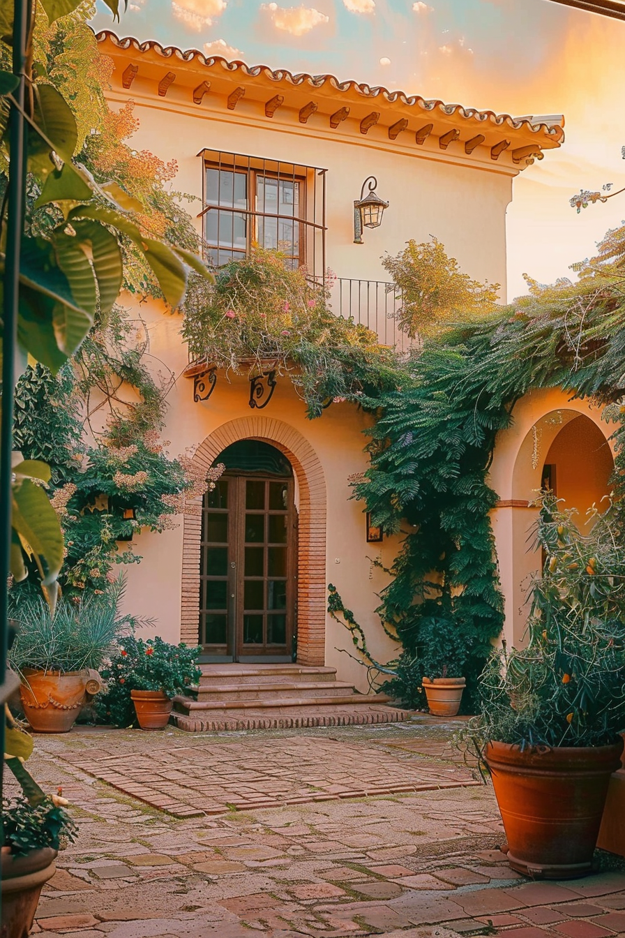 Warm-hued courtyard with climbing plants on an arch doorway, pots with greenery, and a traditional balcony at sunset.