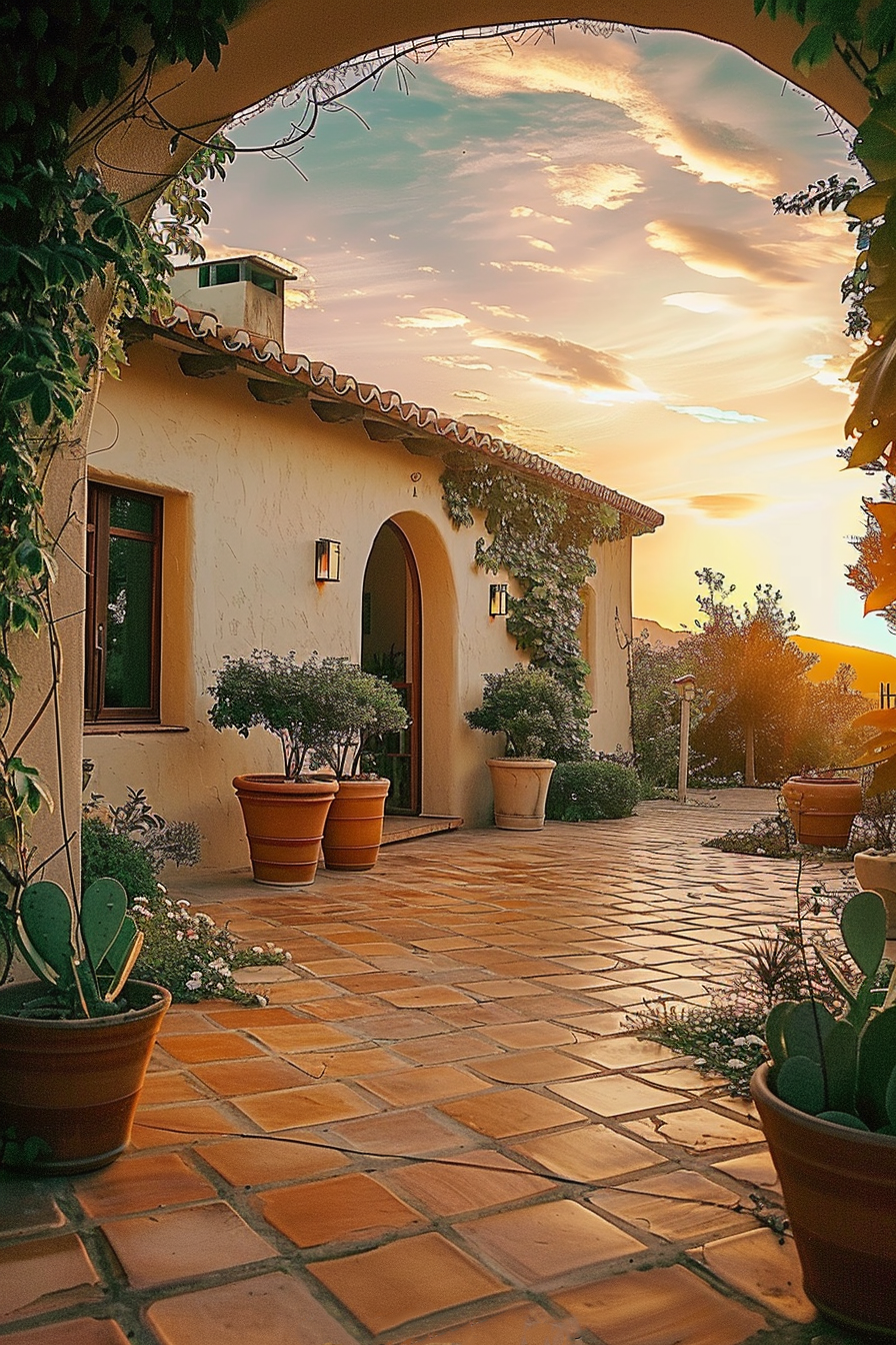 Sunset view of a Mediterranean-style courtyard with terracotta tiles, potted plants, and an archway framing the sky.