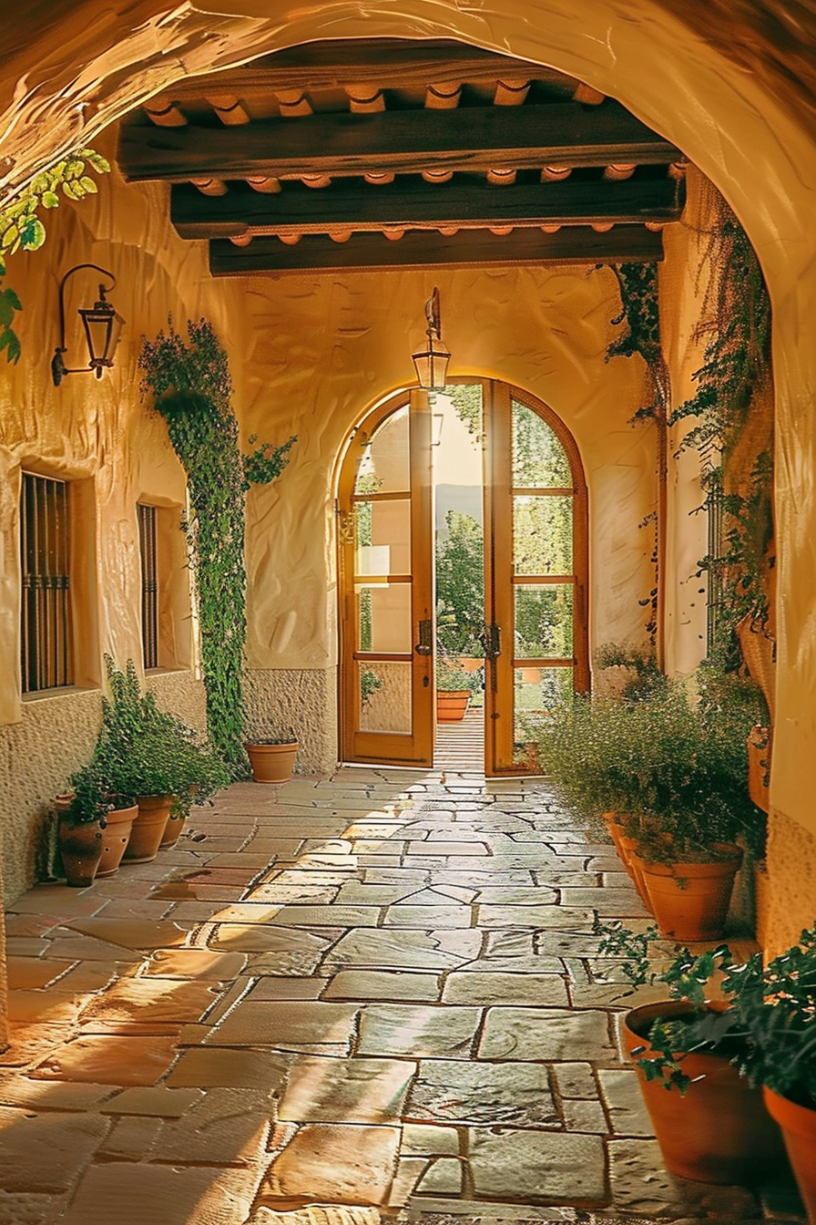 A warm, sunlit corridor with arches, hanging lanterns, potted plants, and a view through an open door to a leafy exterior.