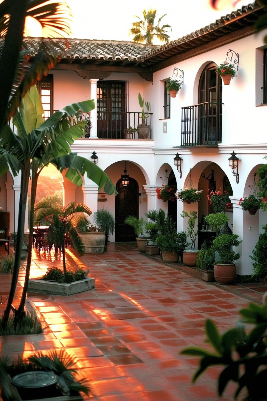 "Colonial-style courtyard at dusk with terracotta tiles, archways, potted plants, and warm glowing lights reflecting on the floor."