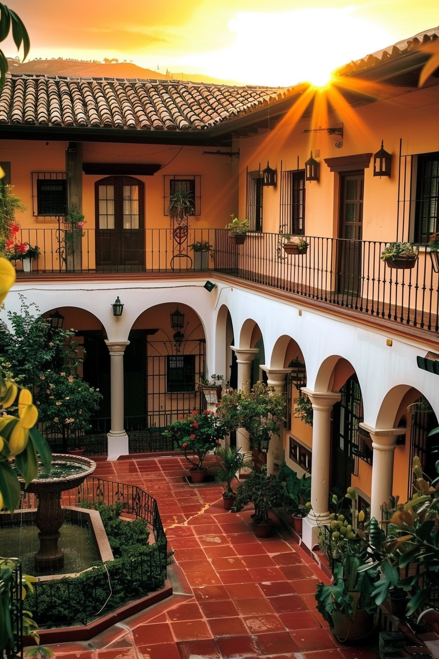 Sunset light shining over a traditional terracotta-tiled courtyard with archways, plants, and a fountain.