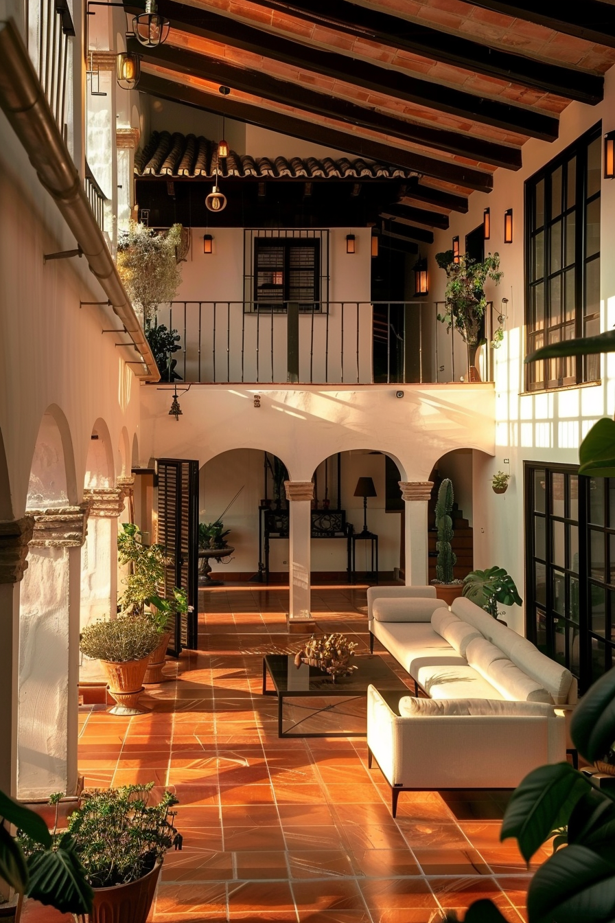 Warm sunlight bathes a terracotta-tiled interior courtyard with arched doorways, white walls, wooden beams, and lush green plants.