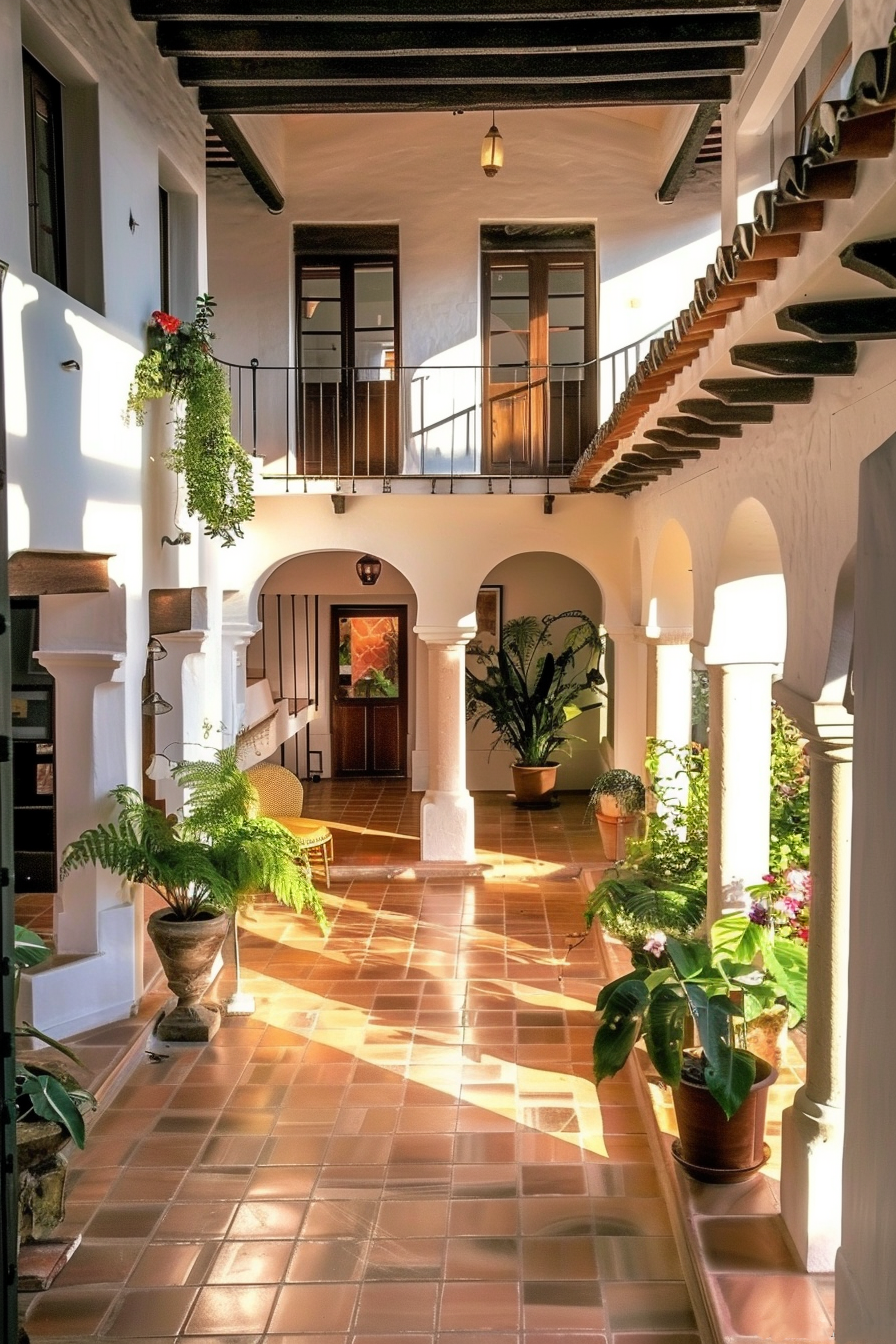 Bright sunlight filters through an open-air Spanish-style courtyard with terracotta tiles, arched doorways, and potted plants.