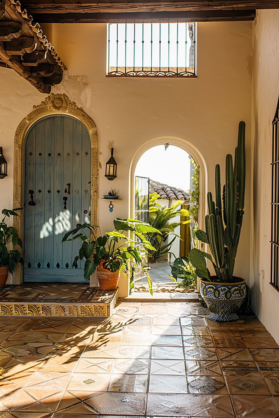 A sunlit Spanish-style corridor with a blue door, patterned tiles, and potted plants leading to an archway.