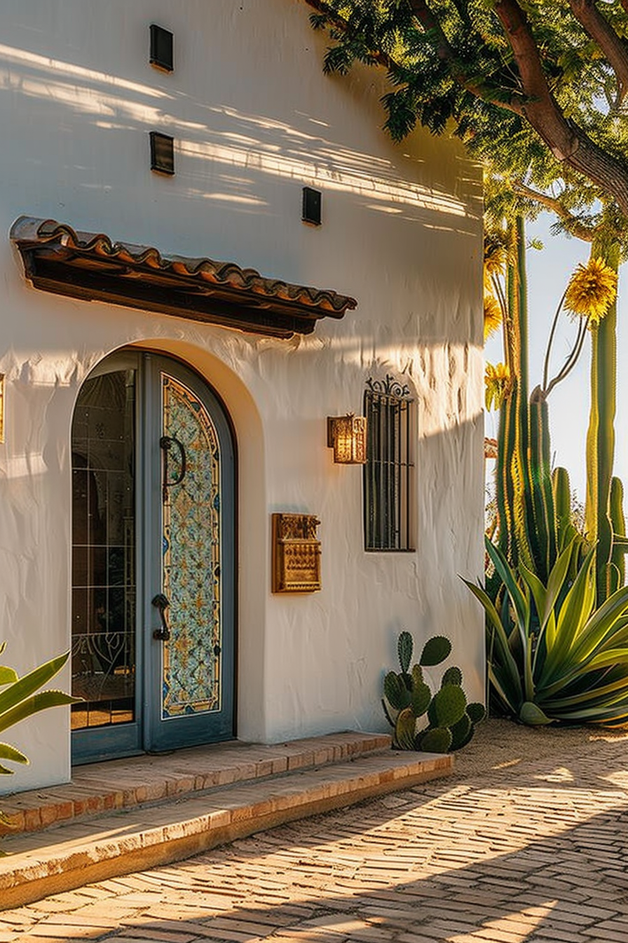 White stucco wall of a building with a decorative blue door, surrounded by cacti and succulents in warm sunlight.