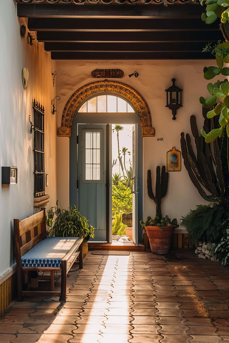 A sunny entryway with a tiled floor leads to an open door, framed by walls with decorative arches, cacti, and a bench on the side.