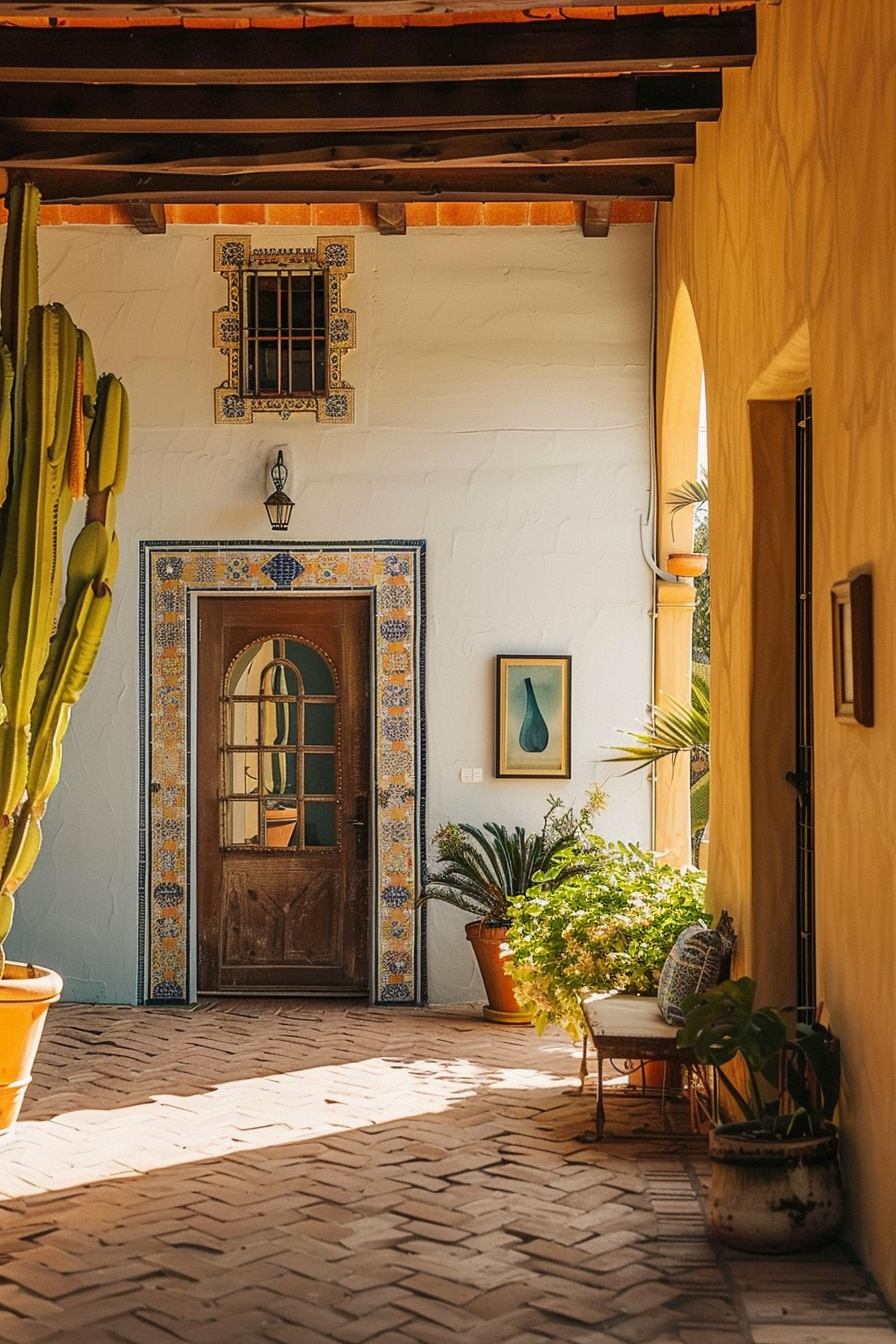 "Sunny courtyard with terracotta tiles, decorative door framed by Moroccan tiles, plants in pots, and a cactus."
