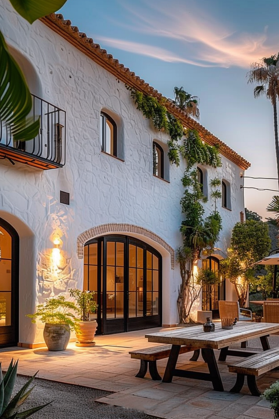 White stucco Spanish-style house with arched doors, balcony, creeping vines, and outdoor wooden furniture at dusk.