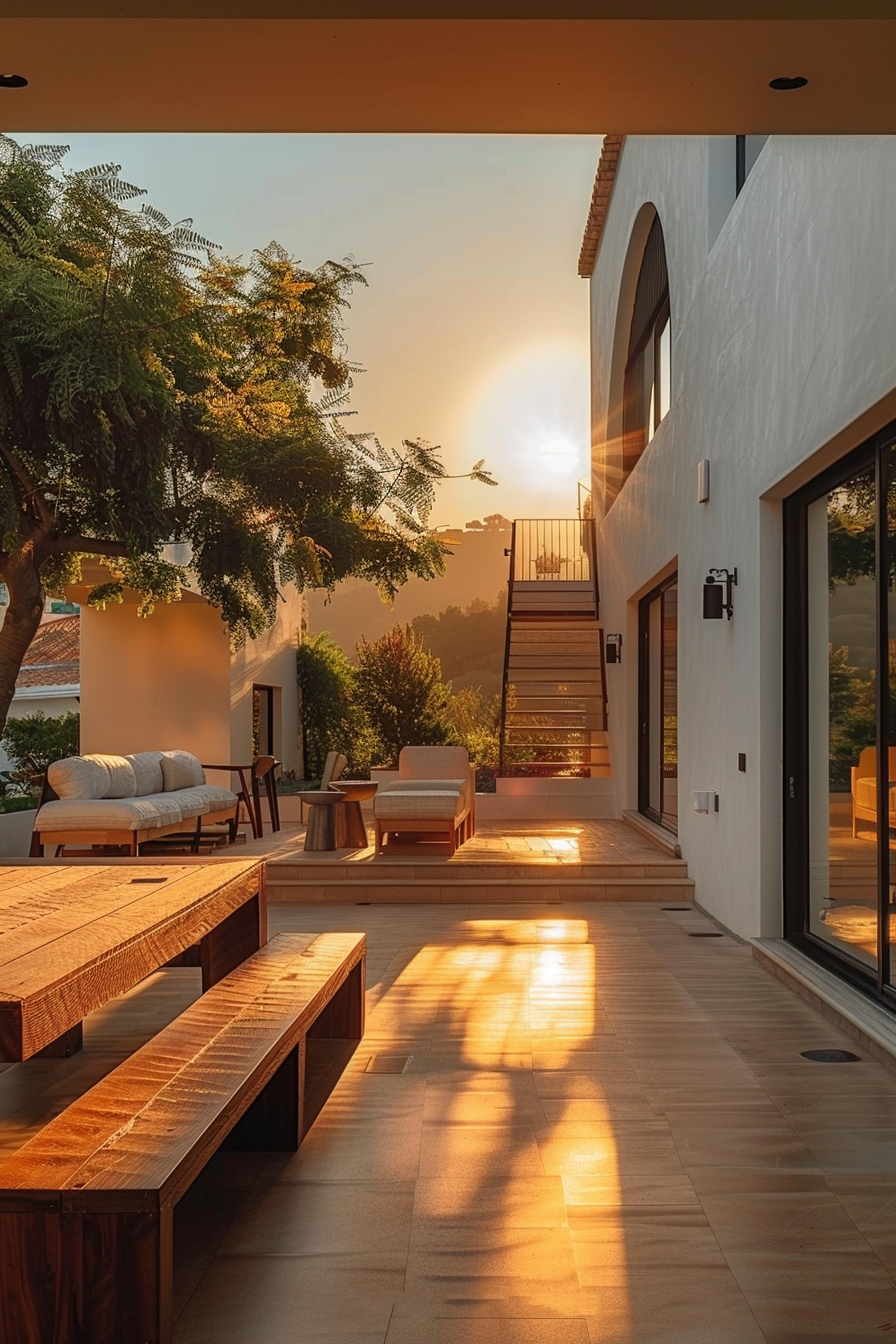 Luxurious patio with modern outdoor furniture bathed in golden sunset light, with a tranquil view of nature and architecture.