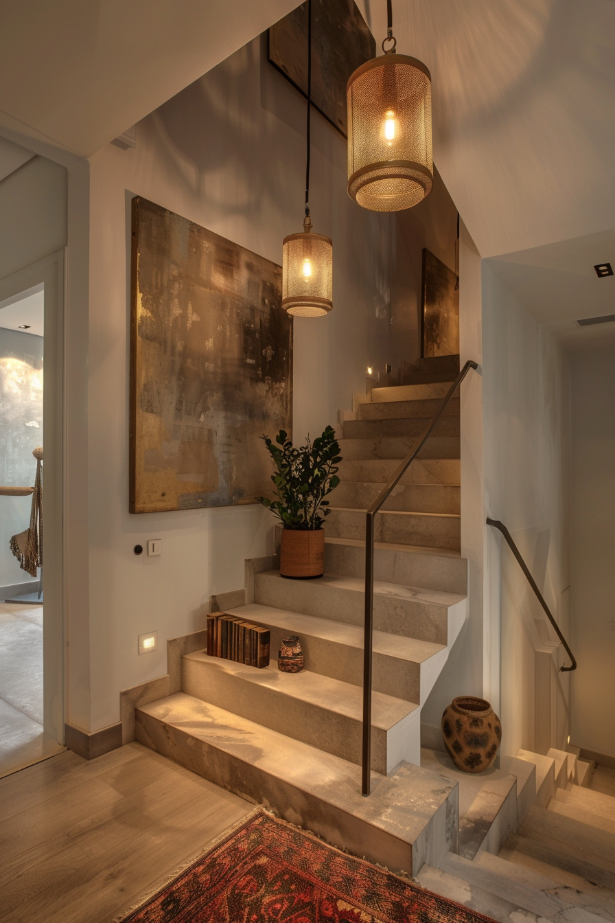 Elegant interior staircase with pendant lighting, decorative plants and artwork, casting warm ambient light.