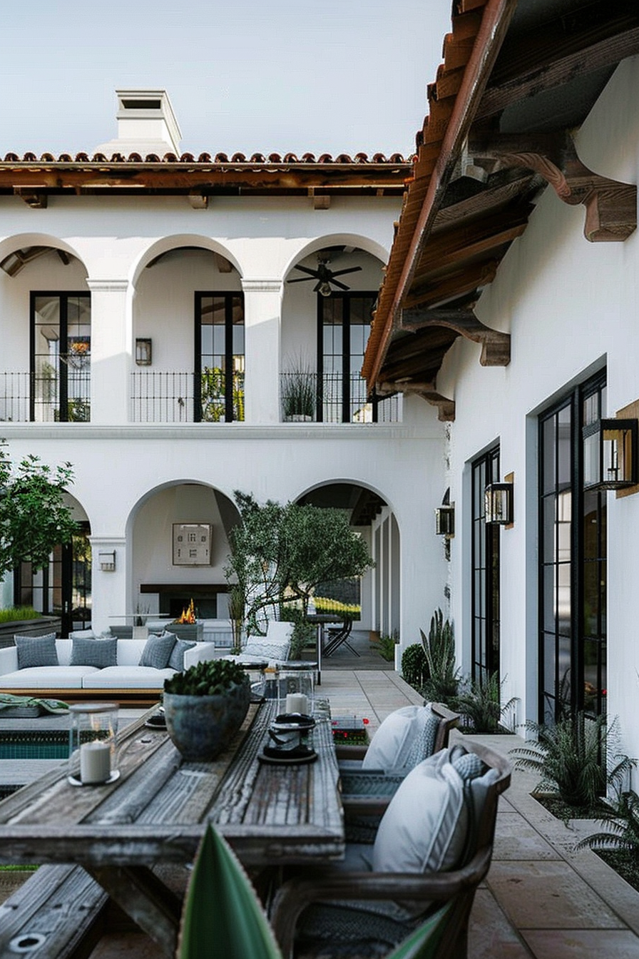 "Spanish-style courtyard with archways, a rustic wooden table, outdoor seating, and a fireplace, all surrounded by lush greenery."