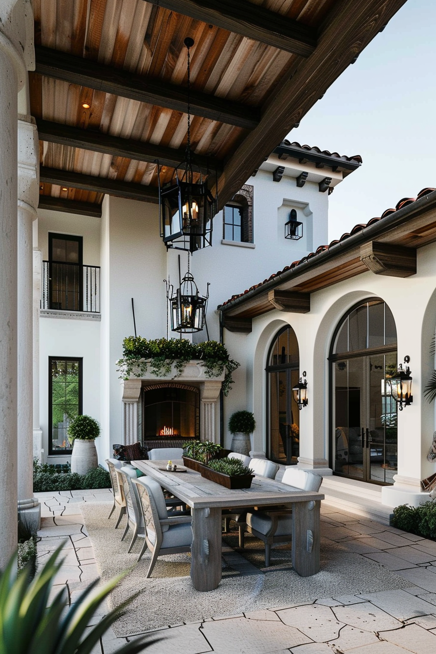 Elegant outdoor patio with wooden dining table, seating, hanging lanterns, and a cozy fireplace in a luxurious house setting.