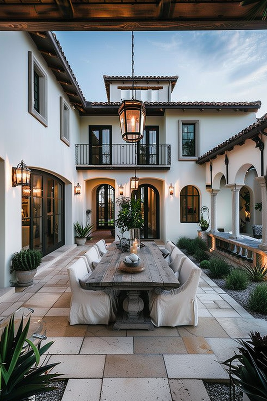 Elegant outdoor patio area with a rustic wooden table, surrounded by white cushioned chairs, lanterns, and Mediterranean-style architecture.