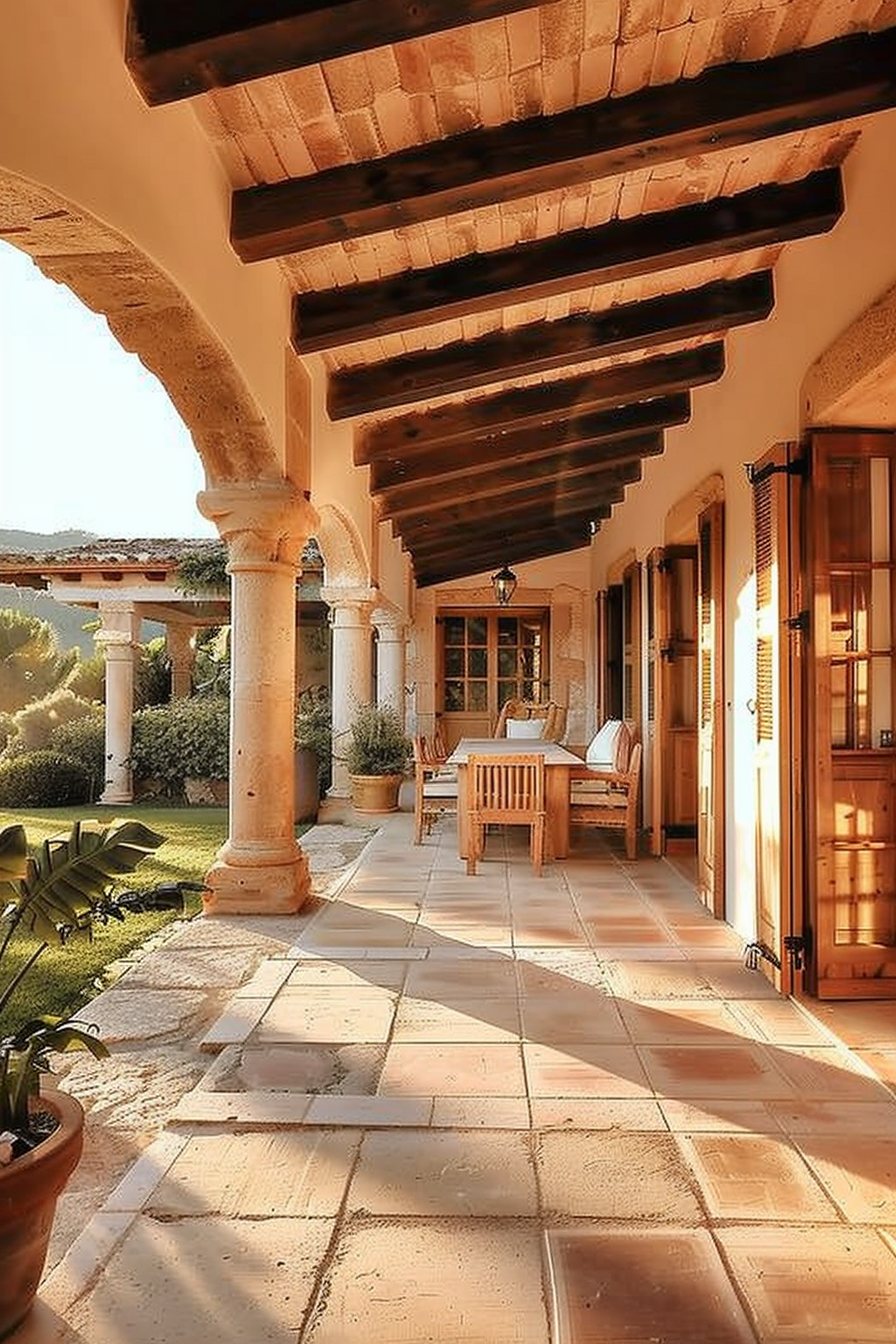 Warm sunlight bathes a serene Mediterranean-style veranda with terracotta tiles, stone columns, and wooden beams.
