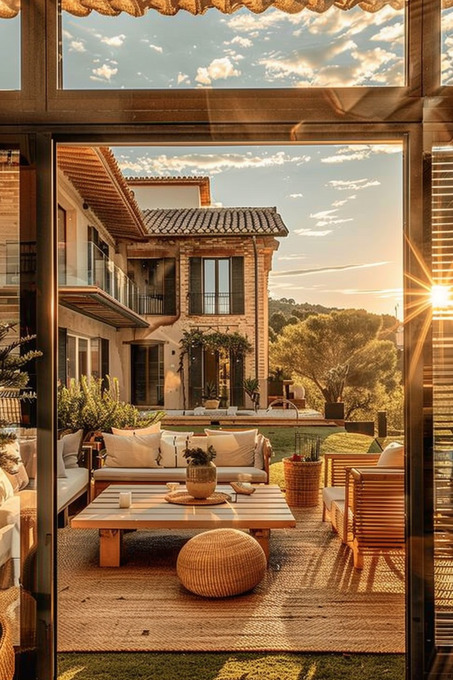View from an open door showing an elegant patio with sofas and a sunrise in the background.