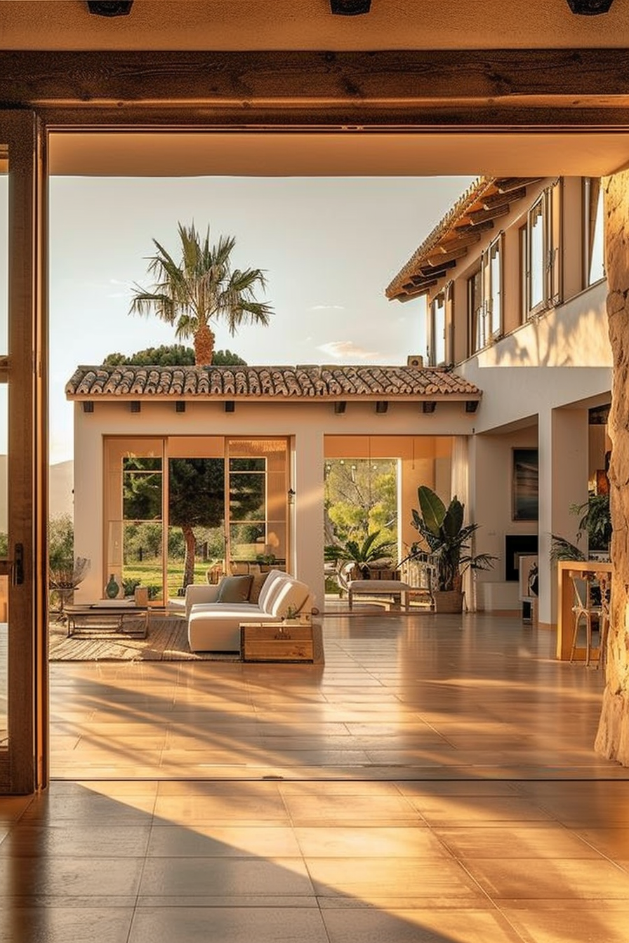 Sunlit modern living room with open sliding doors leading to a patio, overlooking a single palm tree and clear sky.