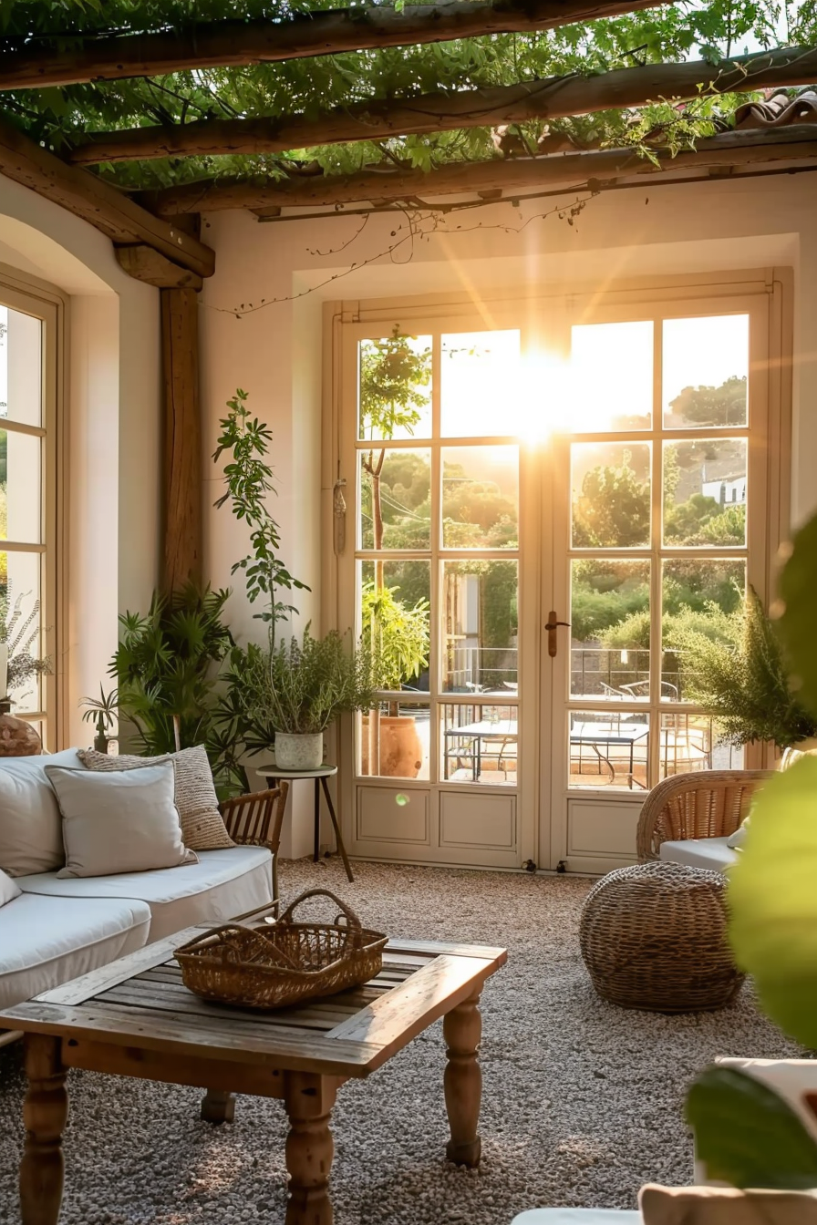 Cozy sunlit patio with plants, wicker furniture, and French doors opening to a garden, capturing a peaceful sunset ambiance.