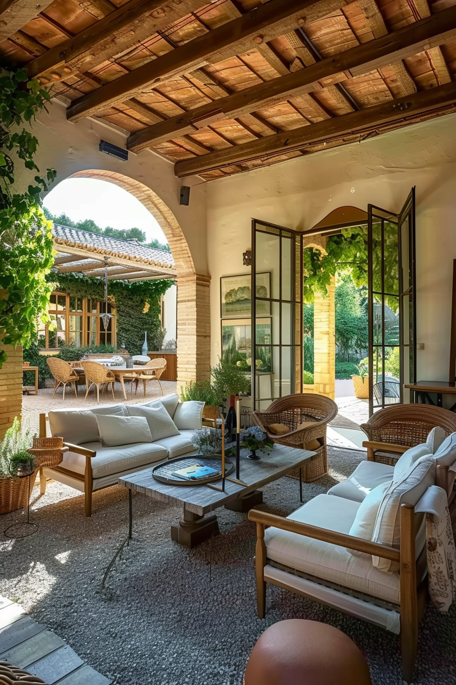 Covered patio area with wicker furniture, large open doors, and a view of a garden with greenery.