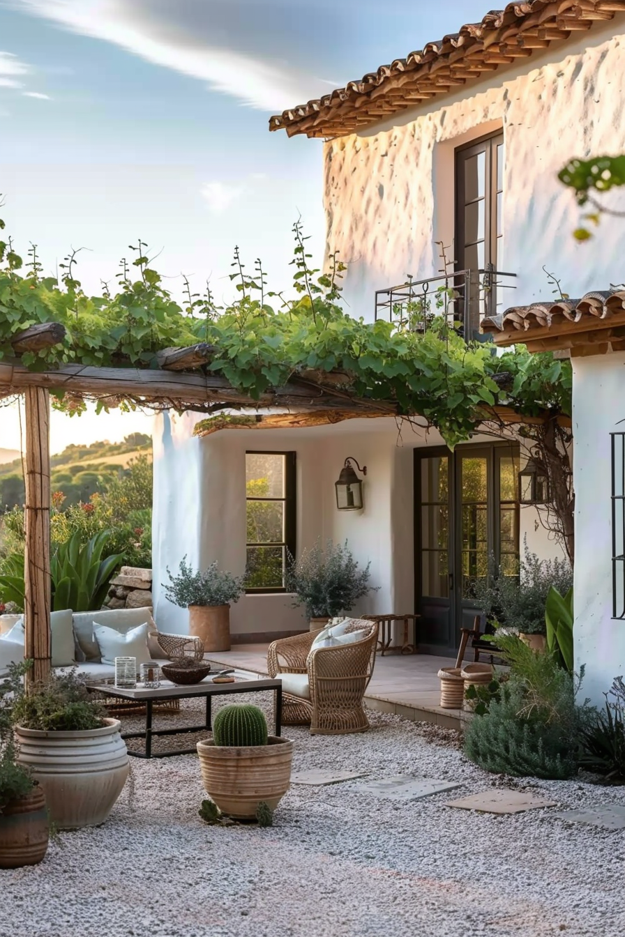 Cozy outdoor patio area with wicker furniture, potted plants, and a vine-covered pergola, attached to a rustic-style house.