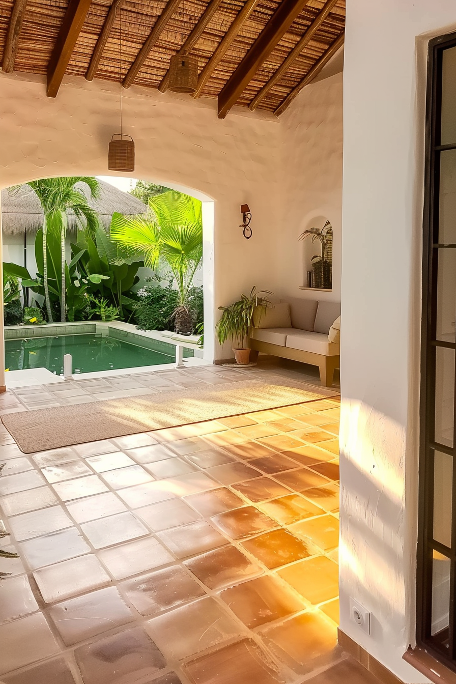 ALT: A warm sunlit view from an indoor space with terracotta tiles to an outdoor area with a pool, tropical plants, and cozy seating.