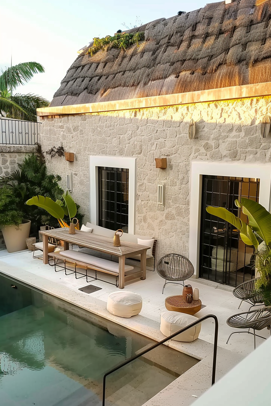 ALT: A serene outdoor area with a pool, stone walls, a thatch-roofed building, stylish seating, and tropical plants in soft evening light.