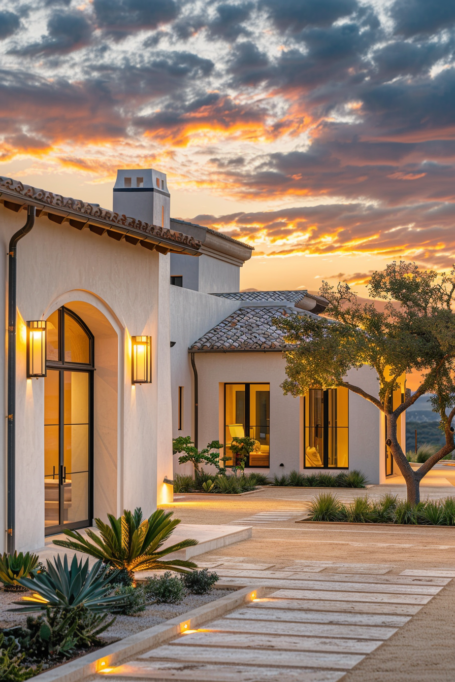 Modern Spanish-style home lit by warm lights at sunset with a vibrant sky and landscaped path.