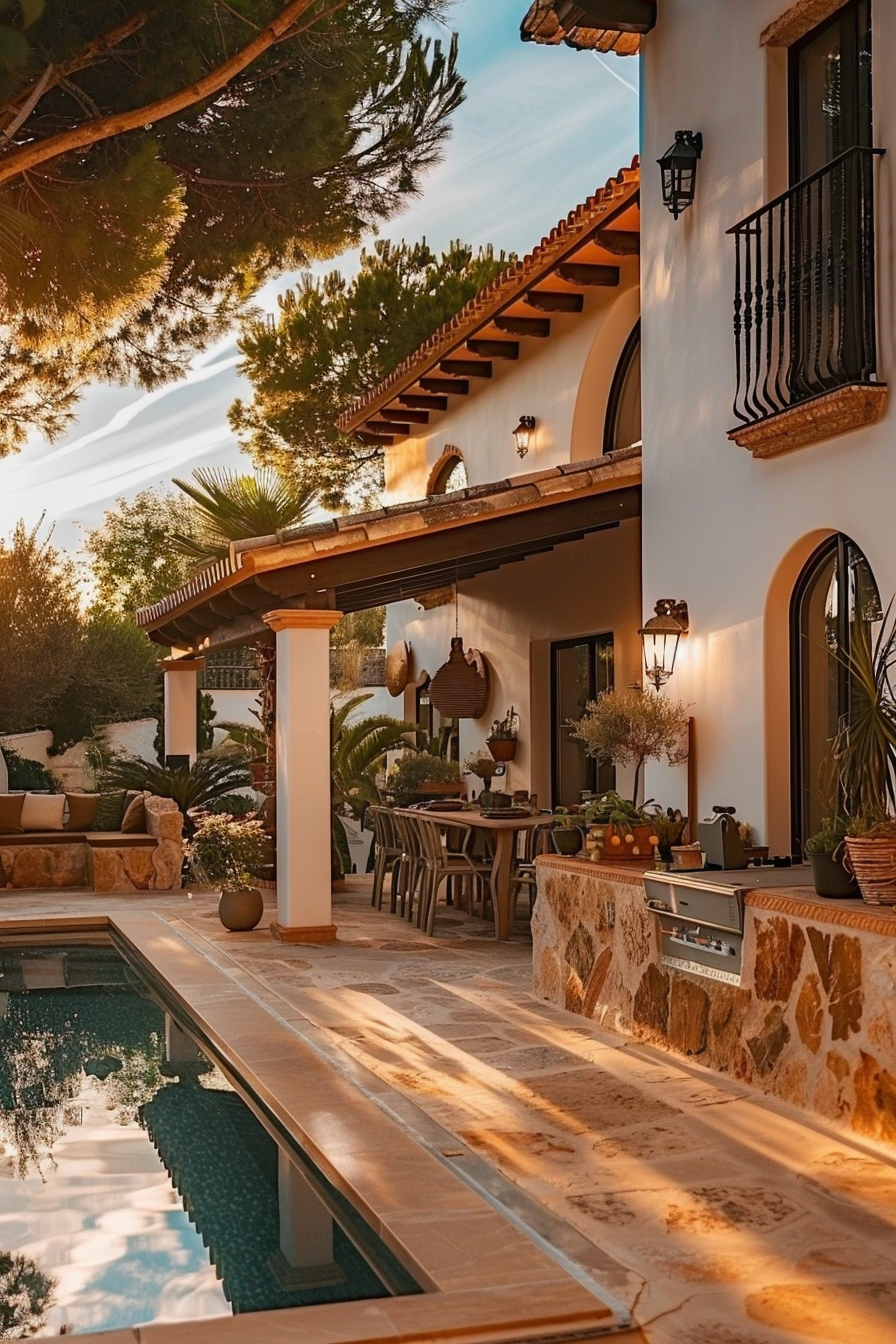 ALT: Warm sunset light bathing a luxurious Mediterranean villa's exterior with a pool, outdoor dining area, and lush greenery.