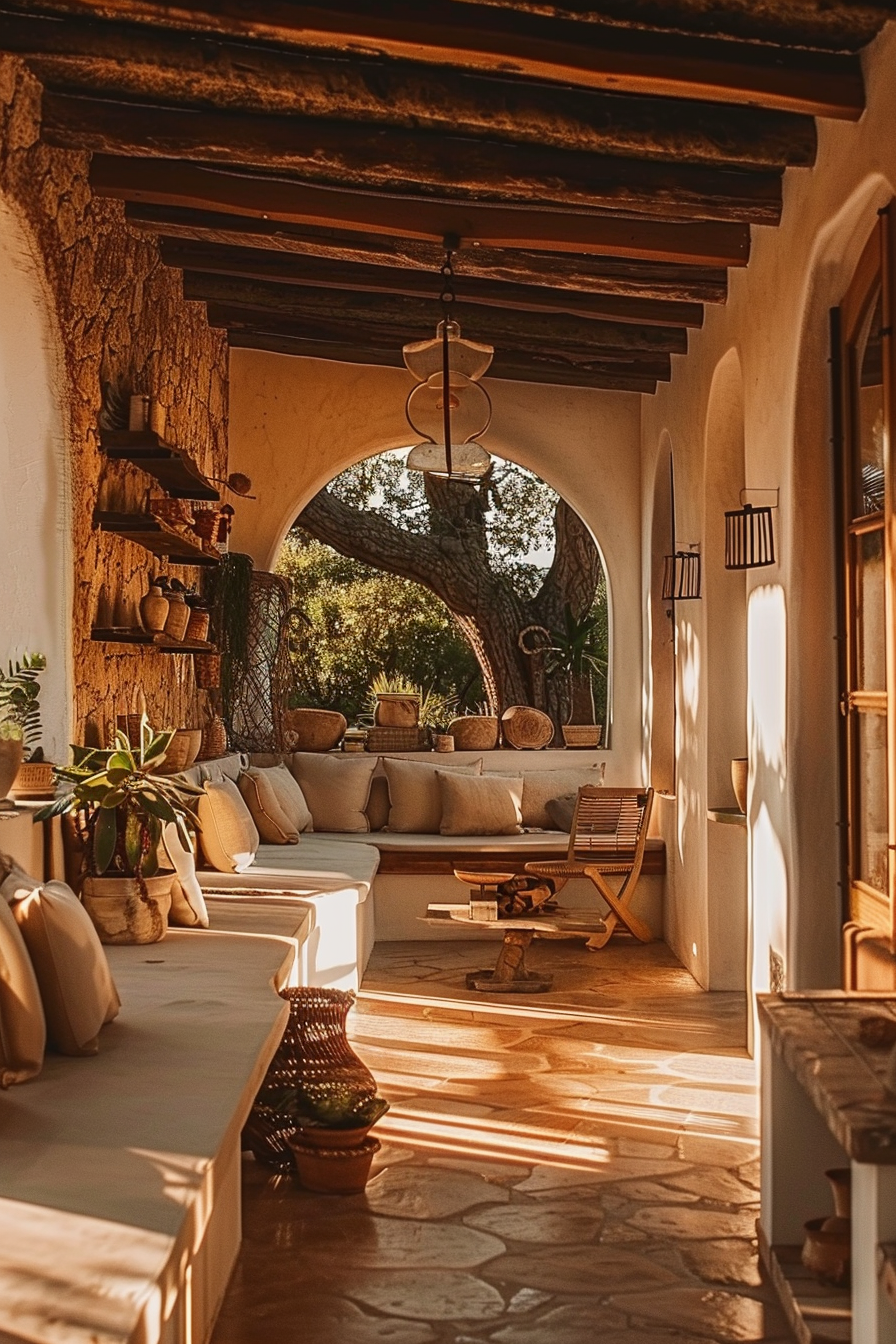 Cozy rustic patio area with stone walls, comfortable seating, plant decorations, and warm sunlight filtering through.