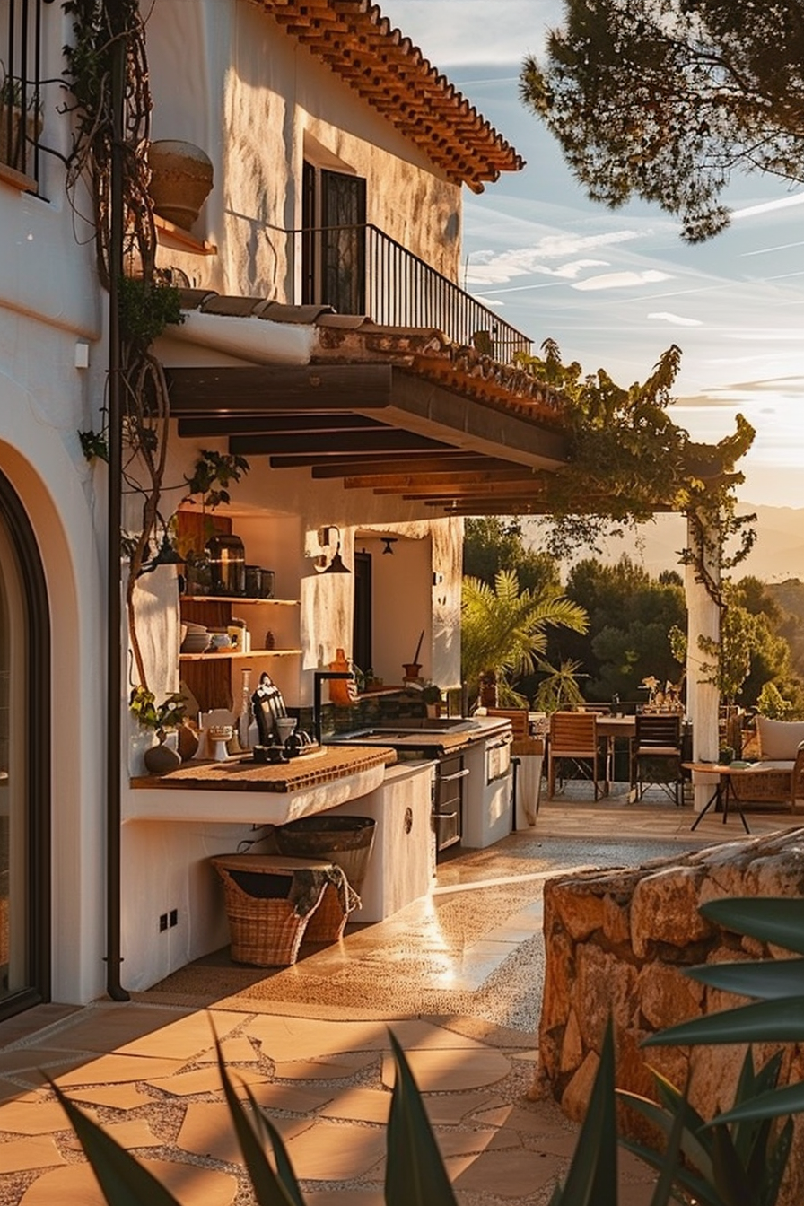 Outdoor kitchen on a sunny Mediterranean villa balcony overlooking a scenic view with mountains in the distance.