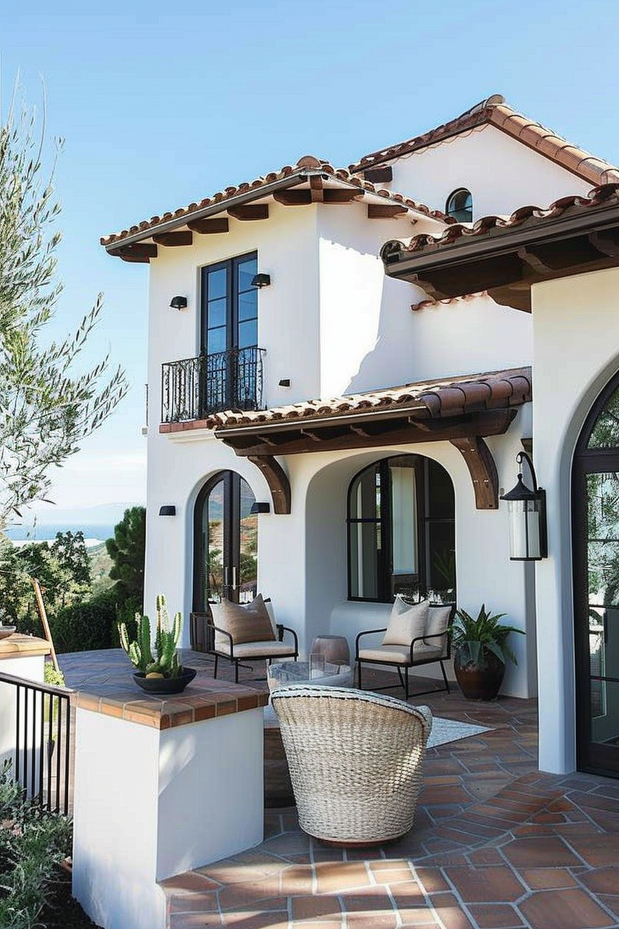 ALT: A Spanish-style house with a tiled roof, white stucco walls, and a cozy outdoor seating area under an arched porch.