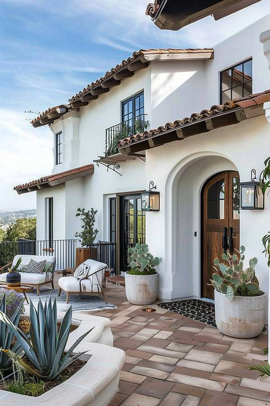 A Mediterranean-style patio with terracotta tiles, potted plants, outdoor seating, and an arched wooden front door.