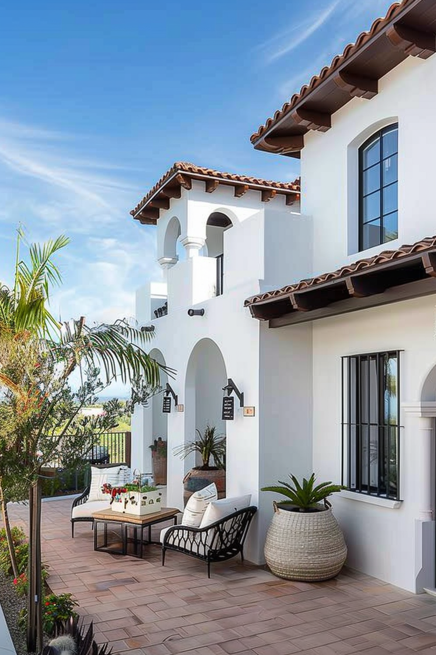 White Spanish-style home exterior with terracotta tiles, arches, balcony, and outdoor seating.