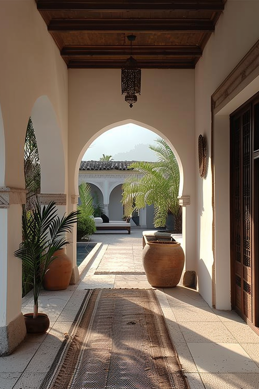 Elegant corridor with archways, potted plants, and ornate lanterns leading to a tranquil courtyard.