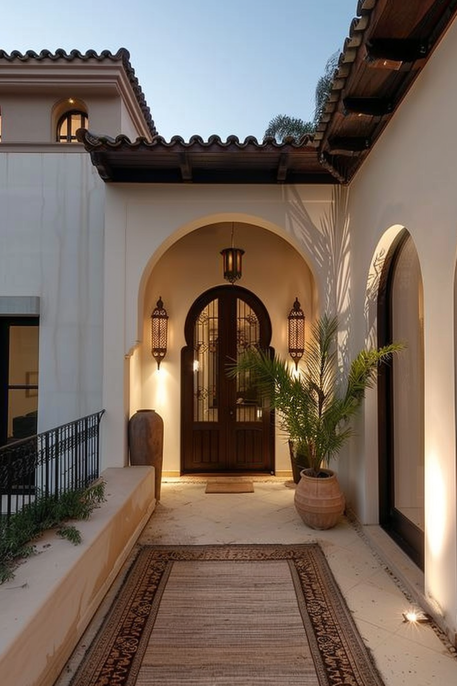 Elegant entryway of a house with arched door, hanging lanterns, and potted plants during twilight hours.